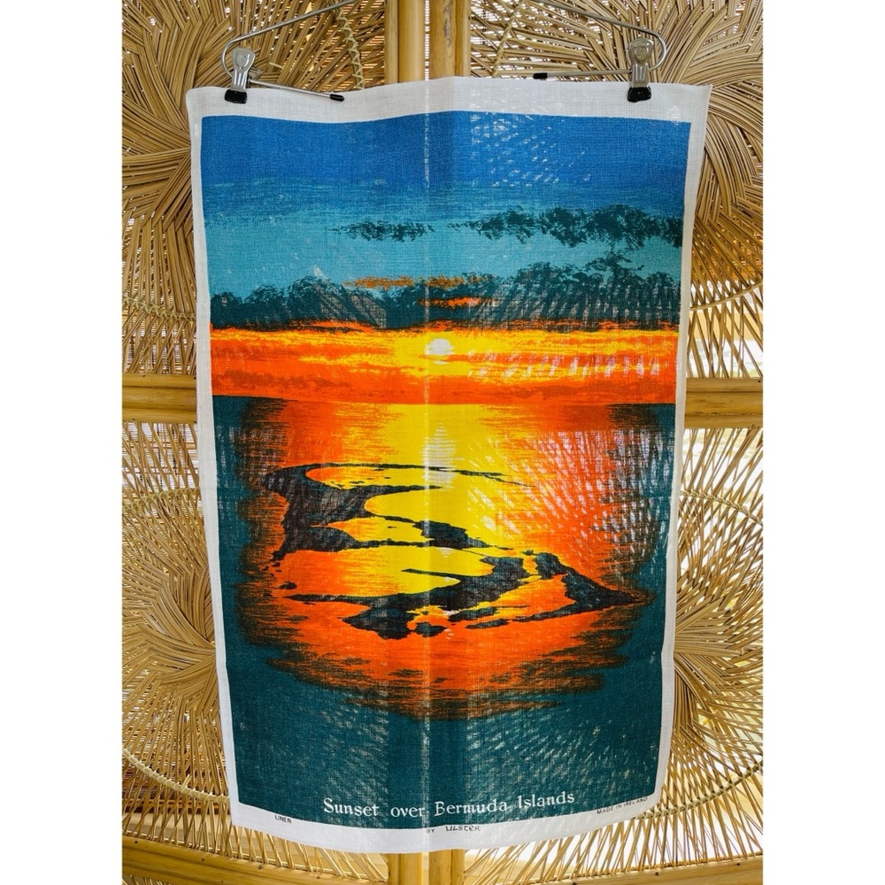 Vintage Ulster Linen Tea Towel Tapestry Wall Hanging Sunset Over Bermuda Islands